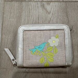 Beige Canvas Zip Wallet with Blue Bird and Lime Green Floral Print